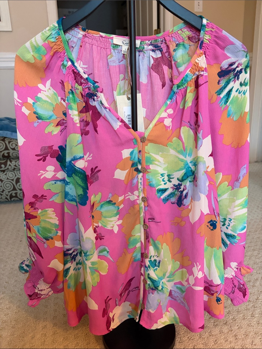 Bright Pink Floral Button-Front Women’s Blouse